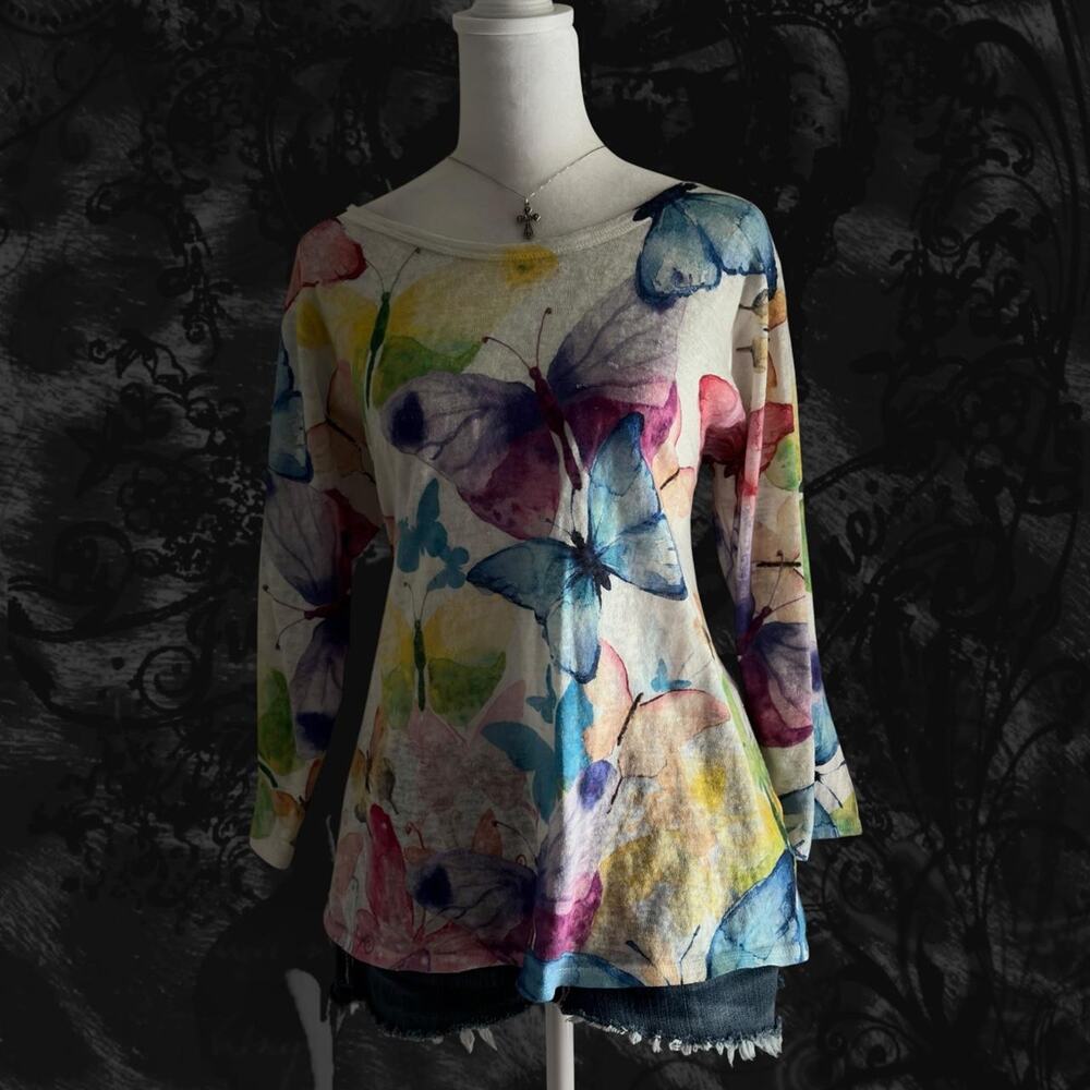 blue purple pink green orange yellow ombre butterflies fairy white boho top